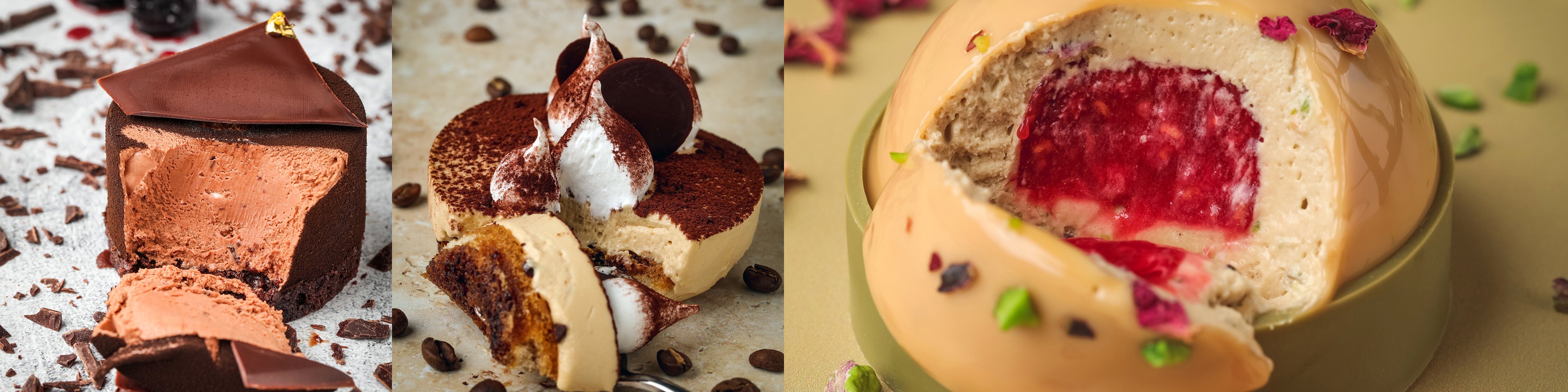 A cross-section of three Botolino artisan mini cakes revealing their layers
