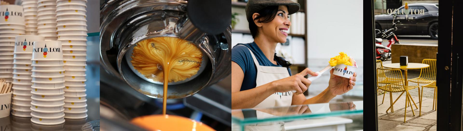 Botolino collage with empty cups and coffee machine serving lady and outside terrace