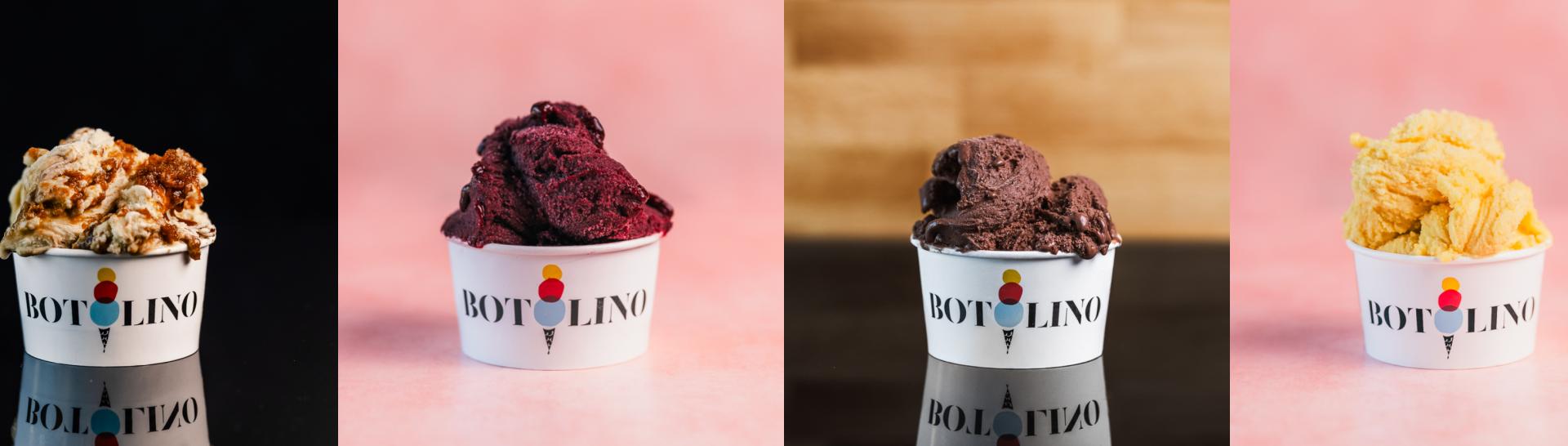 A collage with 3 flavors of different Botolino Handcrafted Gelato