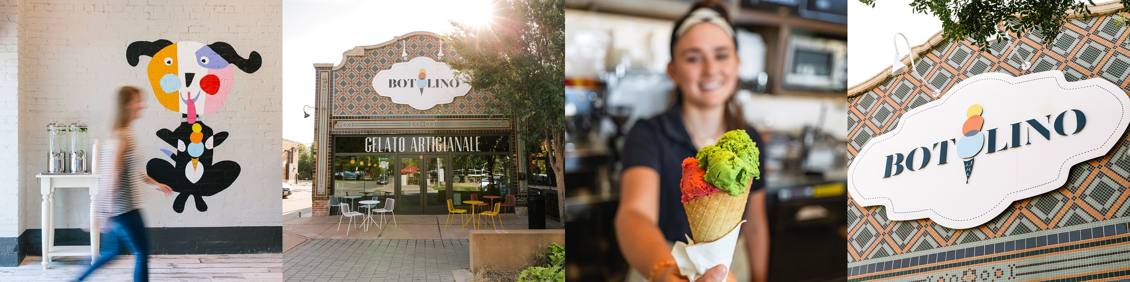 Inside and outside Botolino Dallas — a bright modern gelateria interior with marble counters, a team member serving a fresh waffle cone, and the Botolino Gelato Artigianale storefront sign.