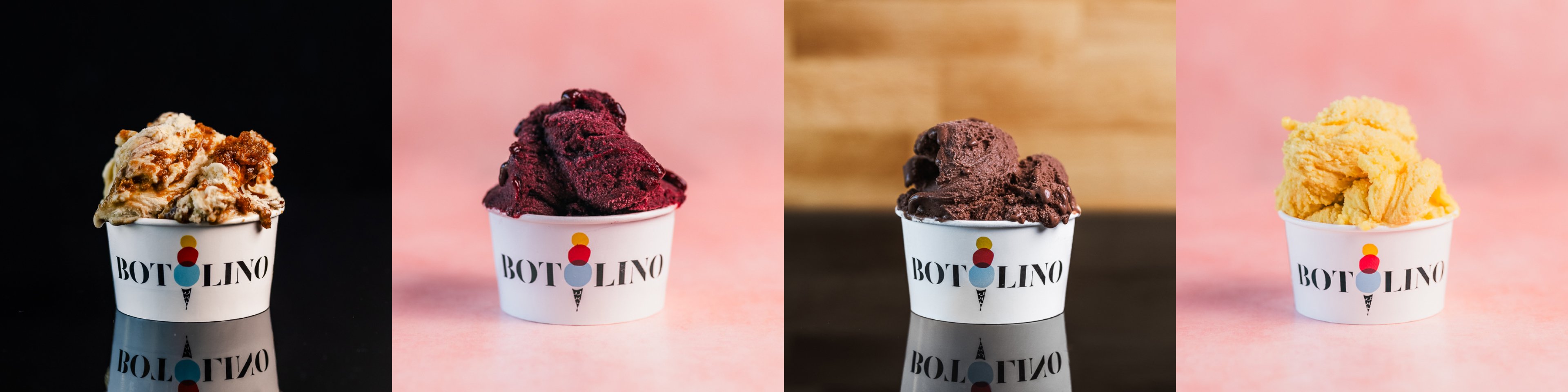 Four Botolino gelato flavors in branded cups — caramel stracciatella, black cherry sorbetto, Valrhona dark chocolate, and Boiron lemon sorbetto, each made fresh daily with no artificial flavors