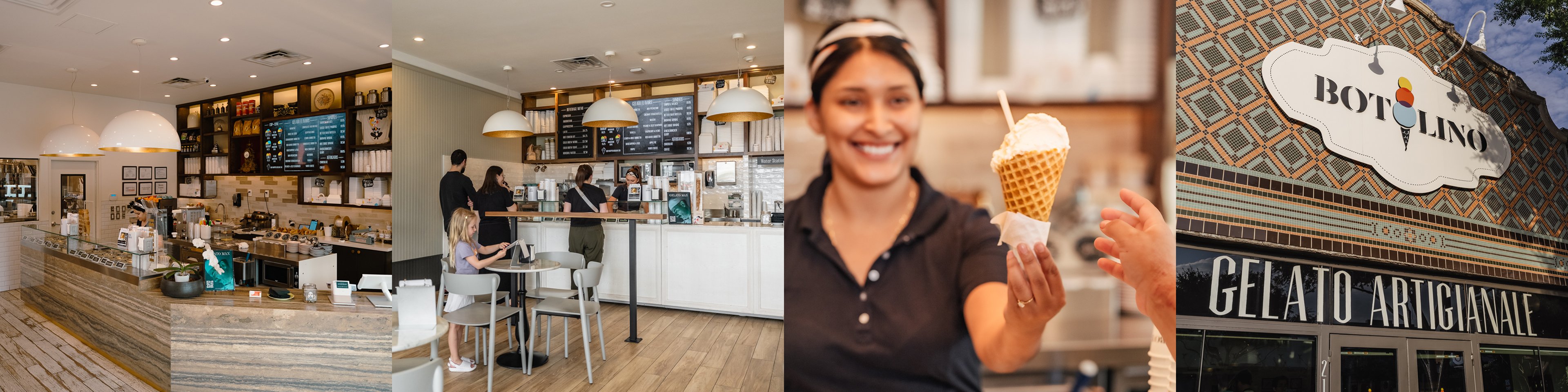 Inside and outside Botolino Dallas — a bright modern gelateria interior with marble counters, a team member serving a fresh waffle cone, and the Botolino Gelato Artigianale storefront sign.