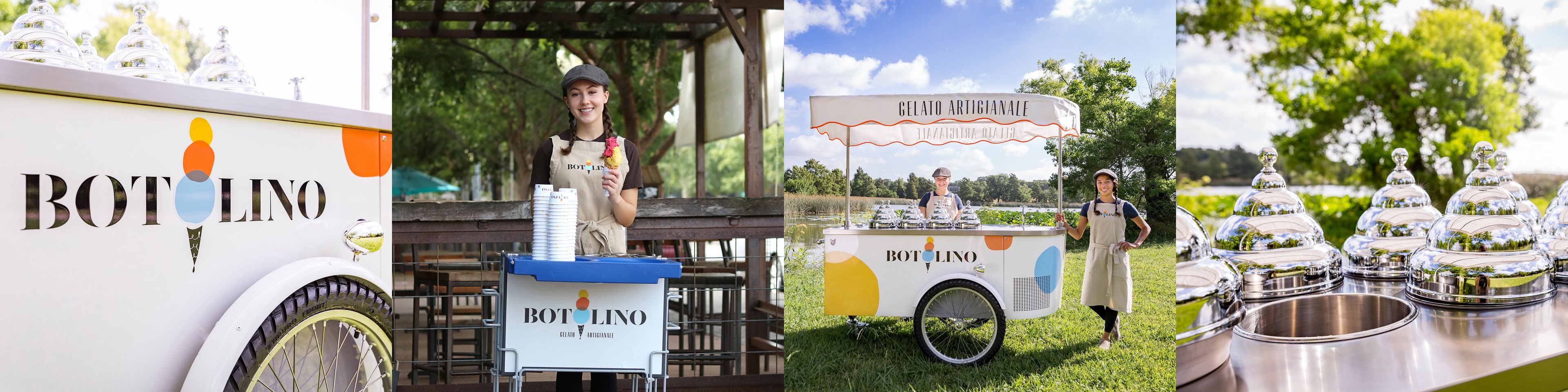 Botolino gelato catering in action - branded cart, professional pozzetti, and a smiling team ready to serve handcrafted gelato at your event
