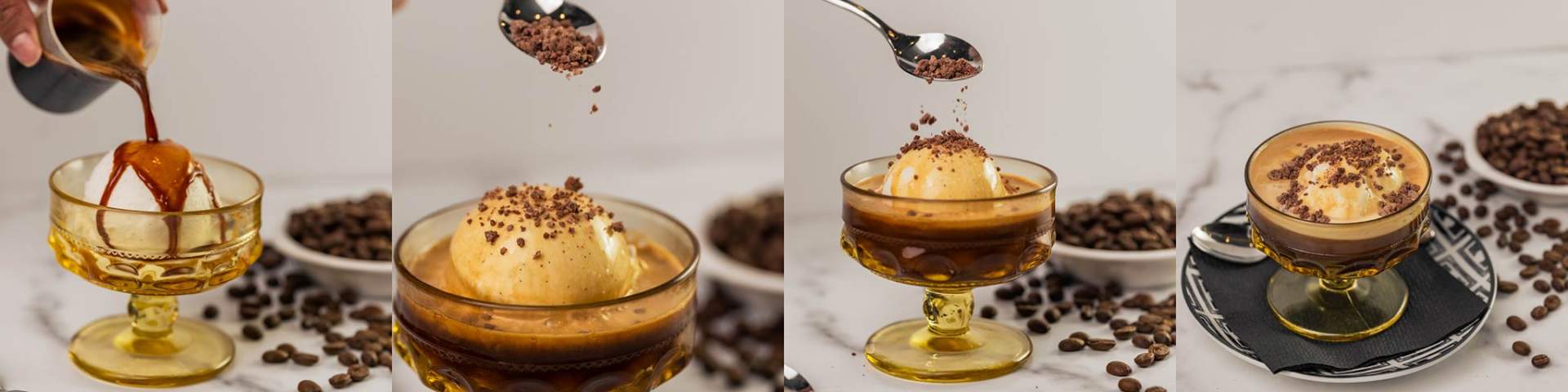 Affogatoes - the richness of our artisanal gelato lavished with our homemade Valhorna chocolate sauce and adorned with delightful white chocolate pearls